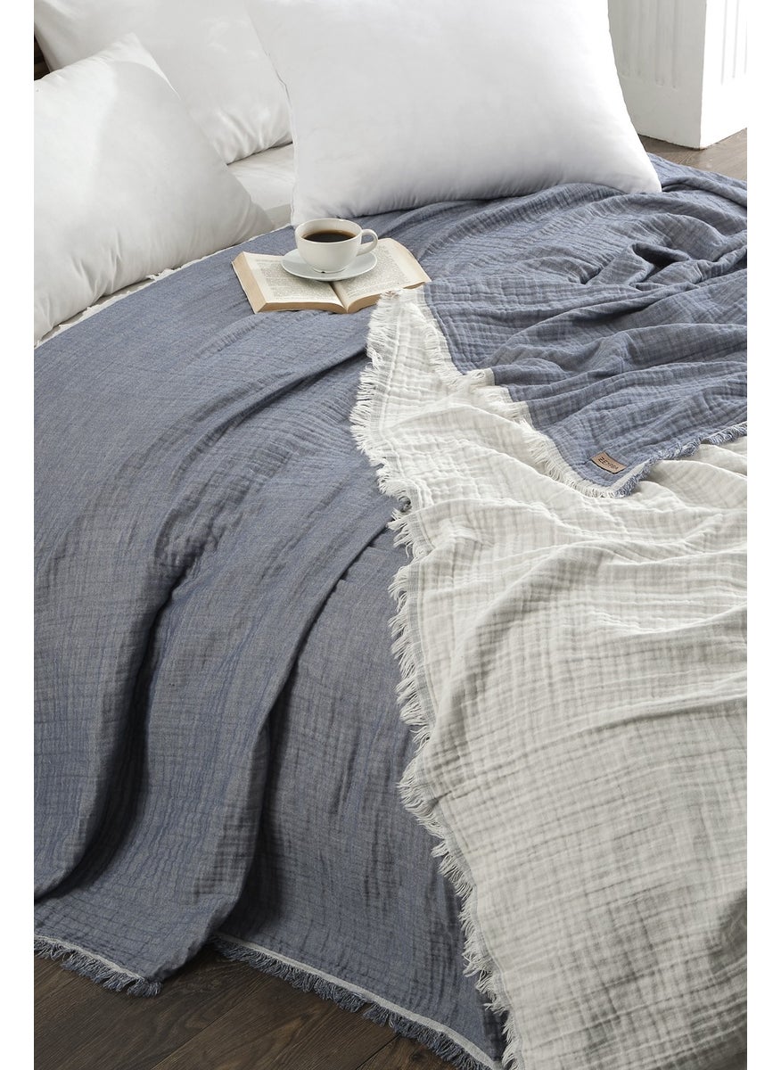Zeypba 3 Layer Muslin Double Bedspread Double Sided Navy Blue-Ecru Tasseled Muslin  - Image 3