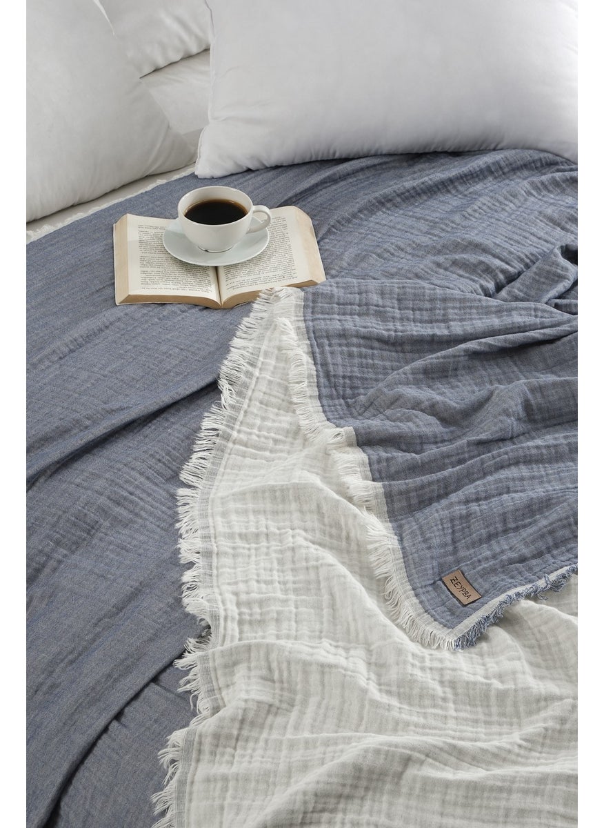 Zeypba 3 Layer Muslin Double Bedspread Double Sided Navy Blue-Ecru Tasseled Muslin  - Image 2