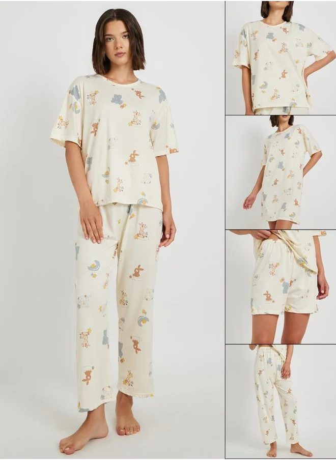 Take Two Take Two Set of 4 - Printed T-Shirt and Shorts with Nightdress and Pants