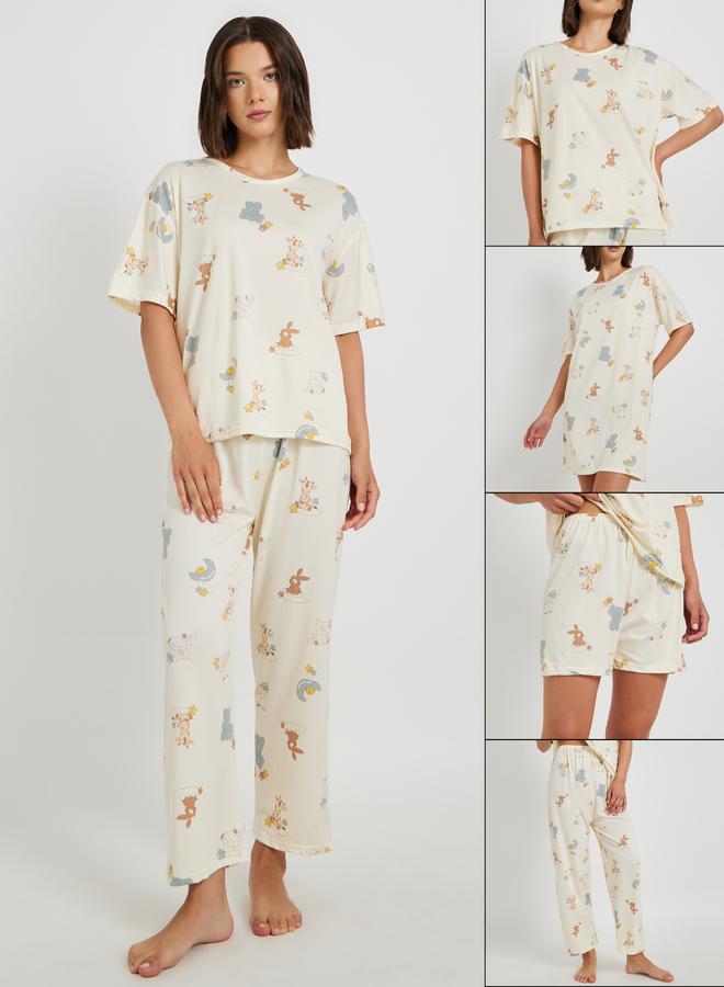 Take Two Take Two Set of 4 - Printed T-Shirt and Shorts with Nightdress and Pants - Image 1