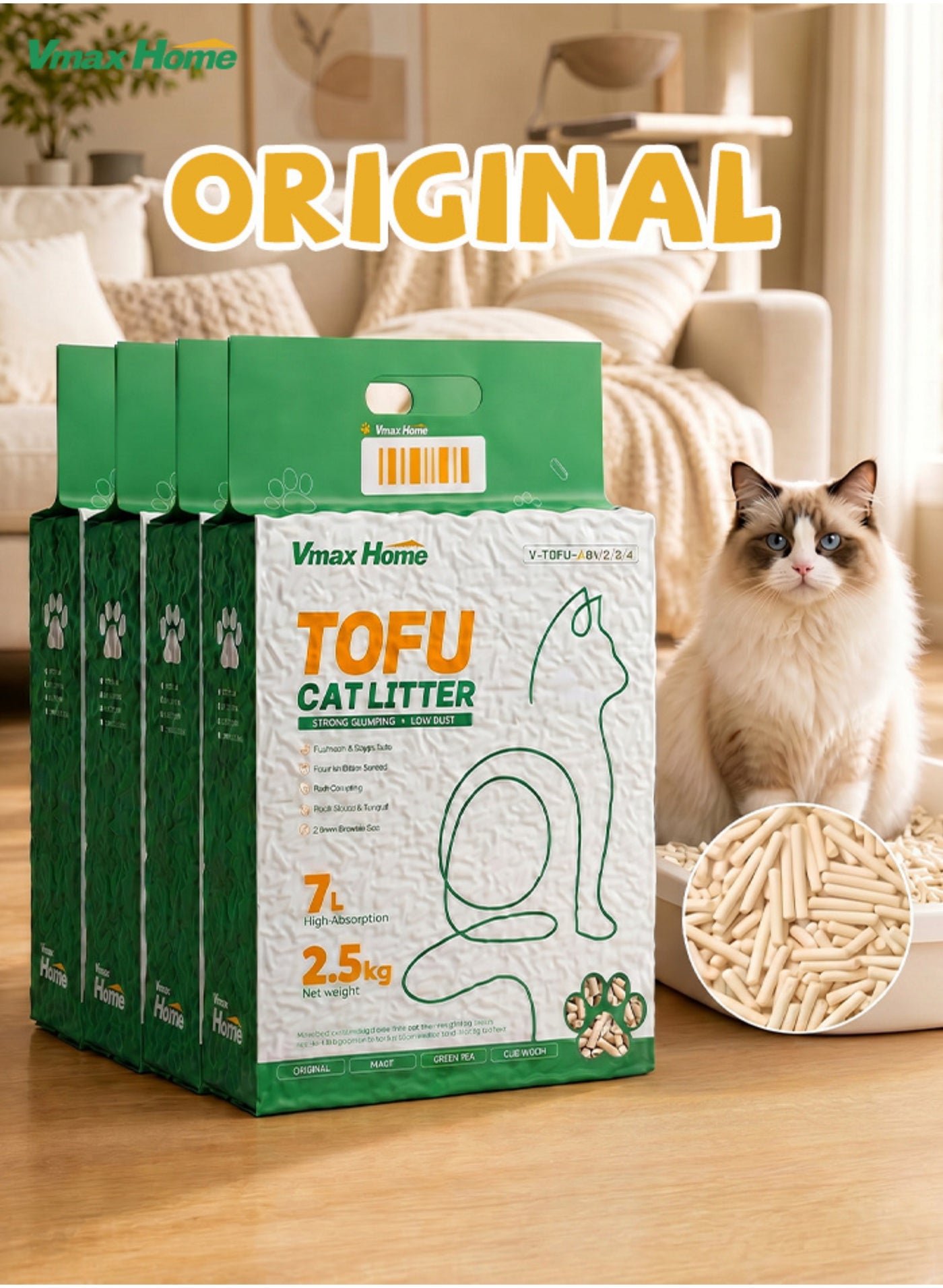 7L, 2.5kg x 4, Original Flavor Tofu Cat Litter (Pack of 4), 2mm Fine Pellets, 7L High Absorption, 100% Plant-Based Biodegradable Flushable Litter, Dust-Free & Eco-Friendly