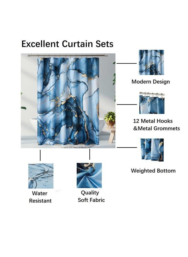 YOSTEV Blue Gold Marble Shower Curtain Set, Abstract Marbled Shower Curtains for Bathroom Décor with 12 Metal Hooks, Luxury Modern Waterproof Bath Accessories, 72 x 72 - Image 3