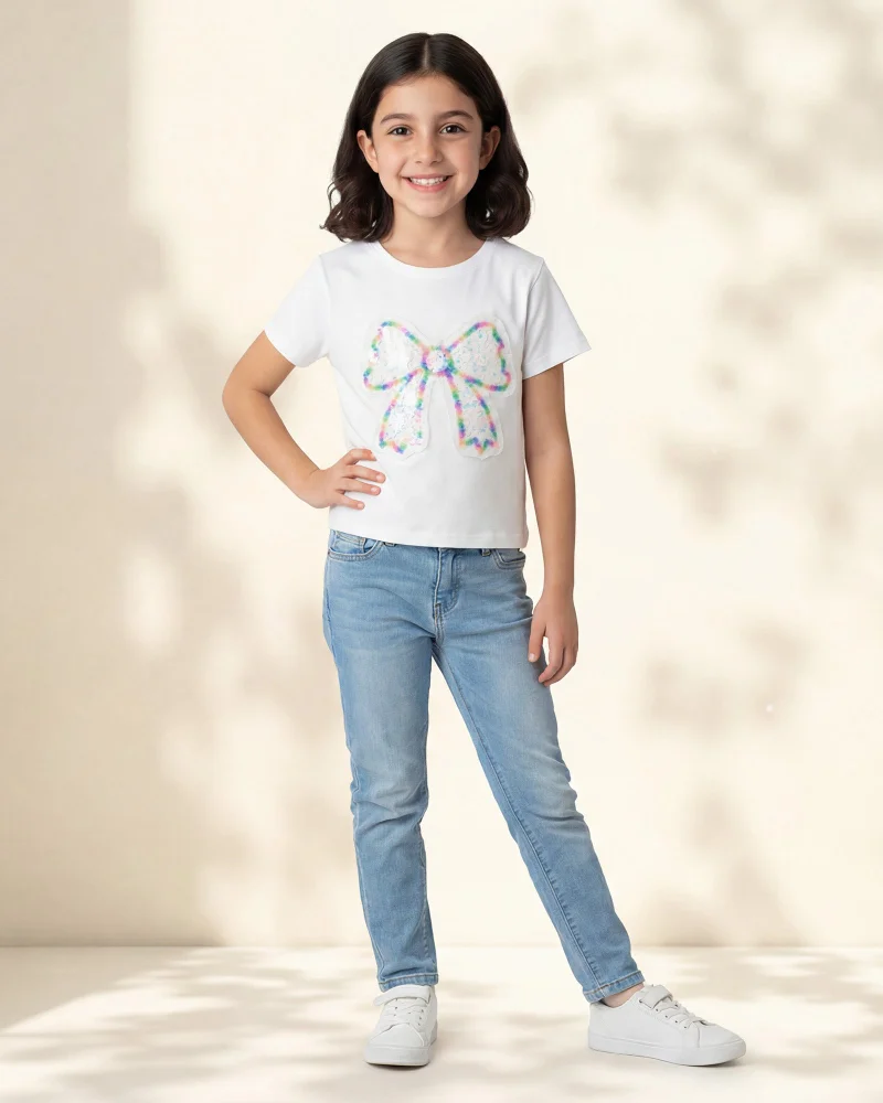 ردتاغ Girls White Bow Printed T-Shirt