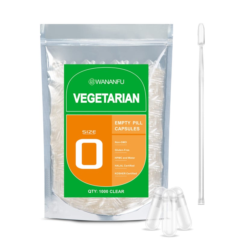wananfu Size 0 Empty Capsules Vegetarian 1000 Count Bundle with Micro Lab Spoon Clear Fillable Veggie Pill Capsules Size 0 for Making Your Own Supplements