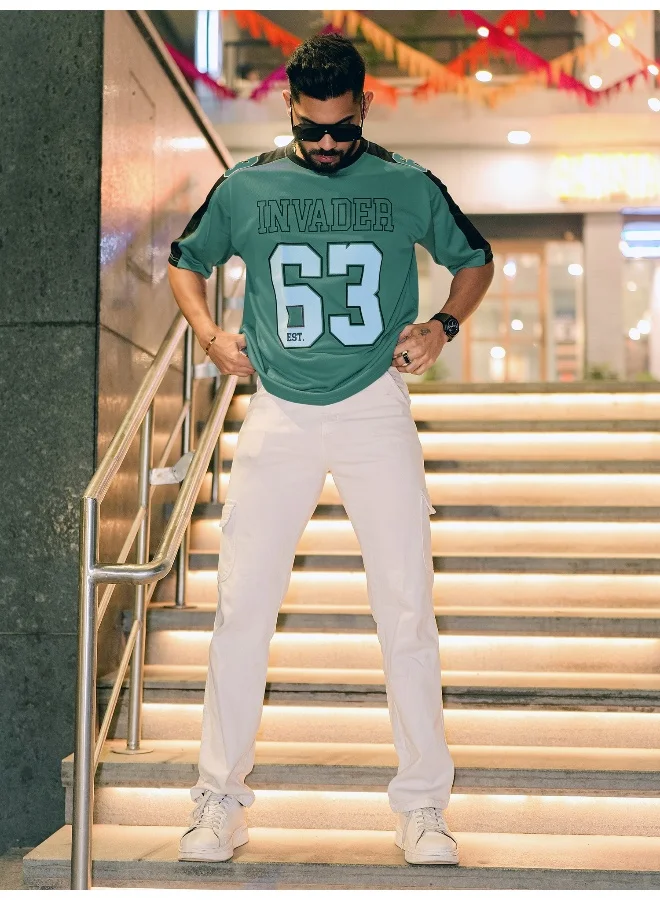 Maniac Maniac Men Round Neck 3/4th Sleeve Printed Green Polyester Oversized T-Shirt