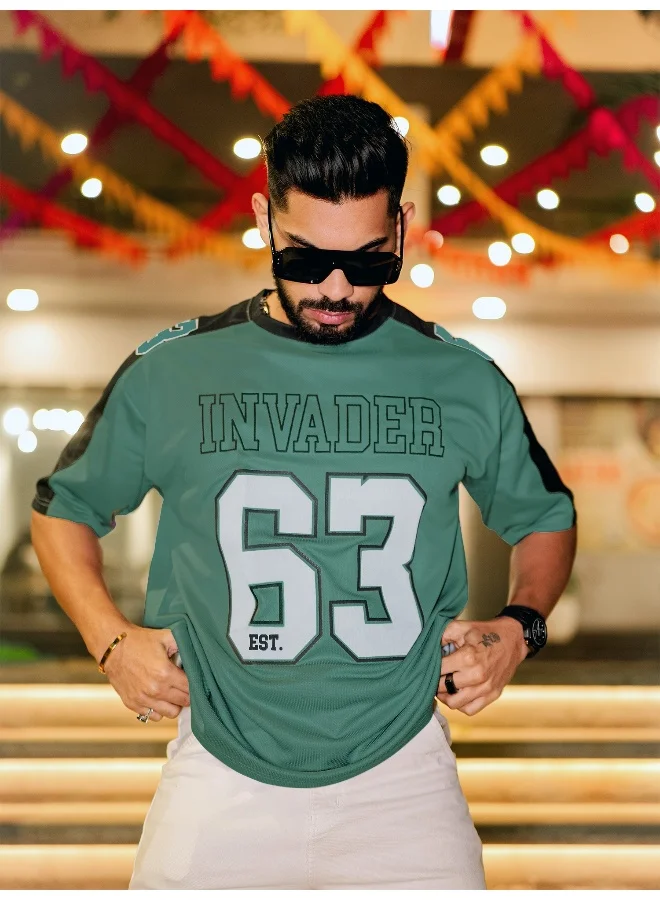 Maniac Maniac Men Round Neck 3/4th Sleeve Printed Green Polyester Oversized T-Shirt