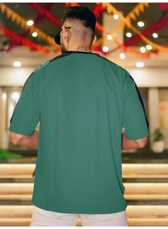 Maniac Maniac Men Round Neck 3/4th Sleeve Printed Green Polyester Oversized T-Shirt
