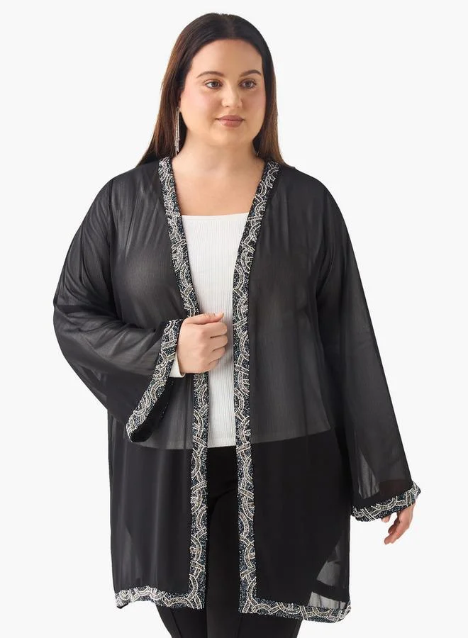 Ulla Popken Plus Size Ulla Popken Embellished Shrug with Long Sleeves