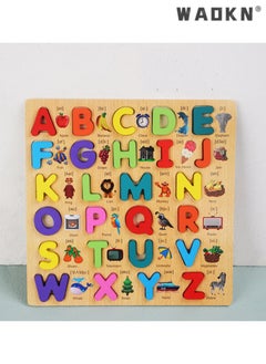 WAOKN English ABC Alphabet Wooden Board Jigsaw Puzzle， A Comprehensive Learning Game for Kids, Educational Toy Encouraging Alphabet Recognition, Spelling, & Fine Motor Skills Development with Fun Jigsaw Pieces  - Image 1