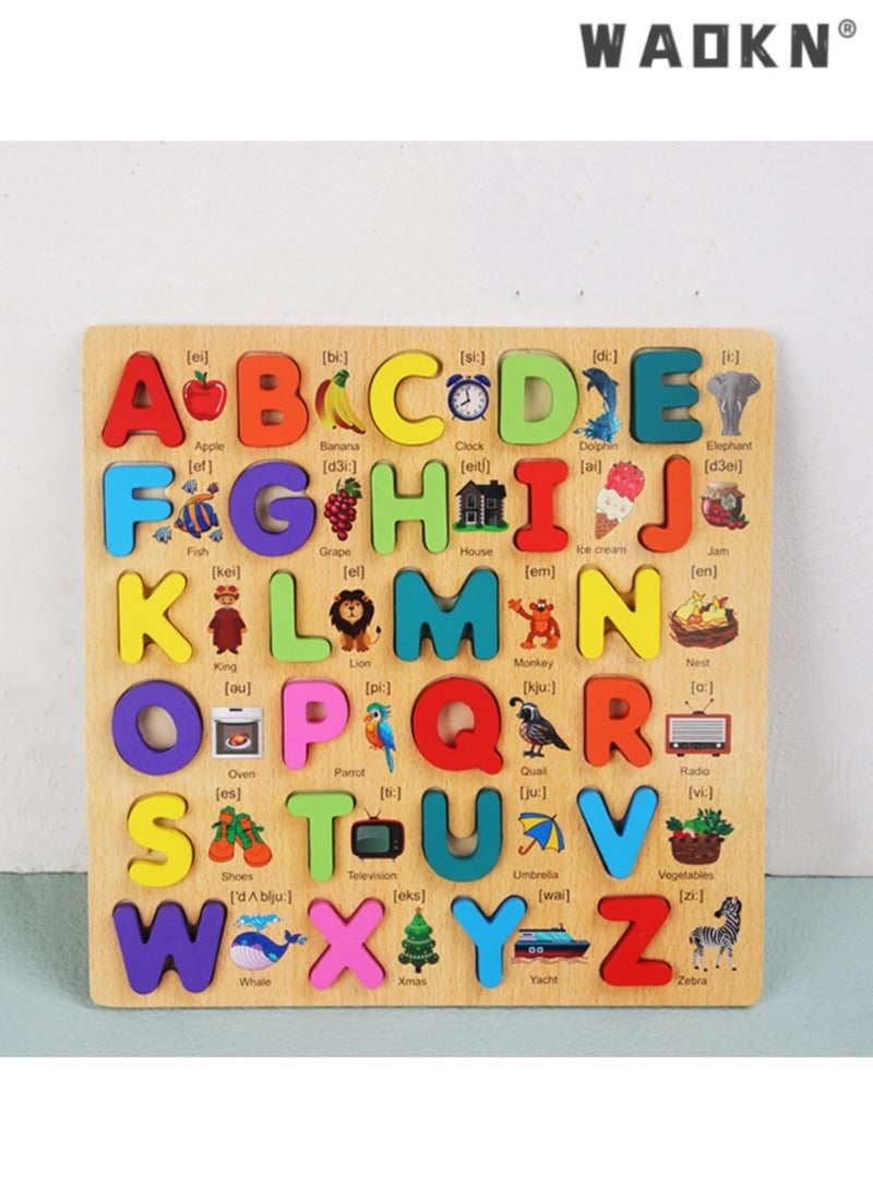 WAOKN - English ABC Alphabet Wooden Board Jigsaw Puzzle， A Comprehensive Learning Game for Kids, Educational Toy Encouraging Alphabet Recognition, Spelling, & Fine Motor Skills Development with Fun Jigsaw Pieces - Image 1