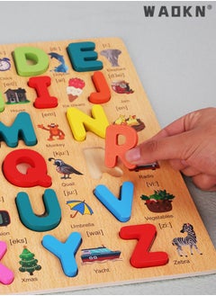 WAOKN English ABC Alphabet Wooden Board Jigsaw Puzzle， A Comprehensive Learning Game for Kids, Educational Toy Encouraging Alphabet Recognition, Spelling, & Fine Motor Skills Development with Fun Jigsaw Pieces  - Image 4