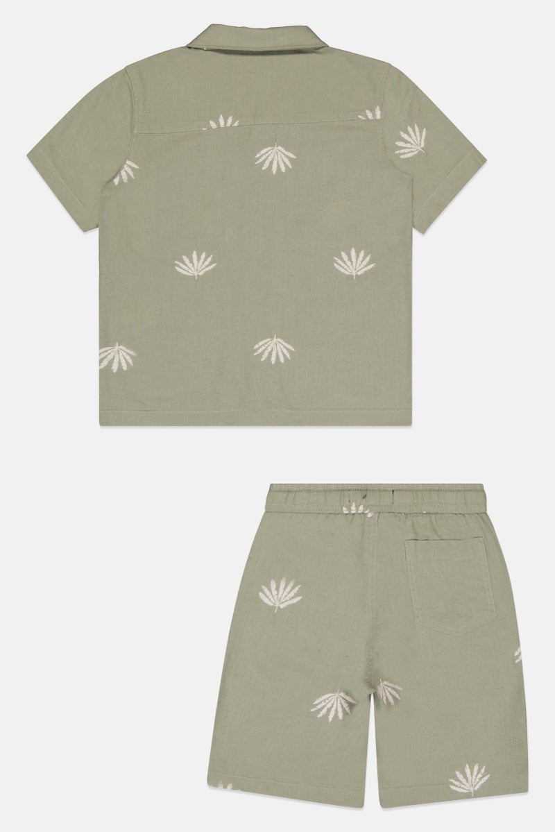 Ocean Pacific Kids Boy 2 Pcs Embroidered Shirt And Shorts Set, Sage - Image 2