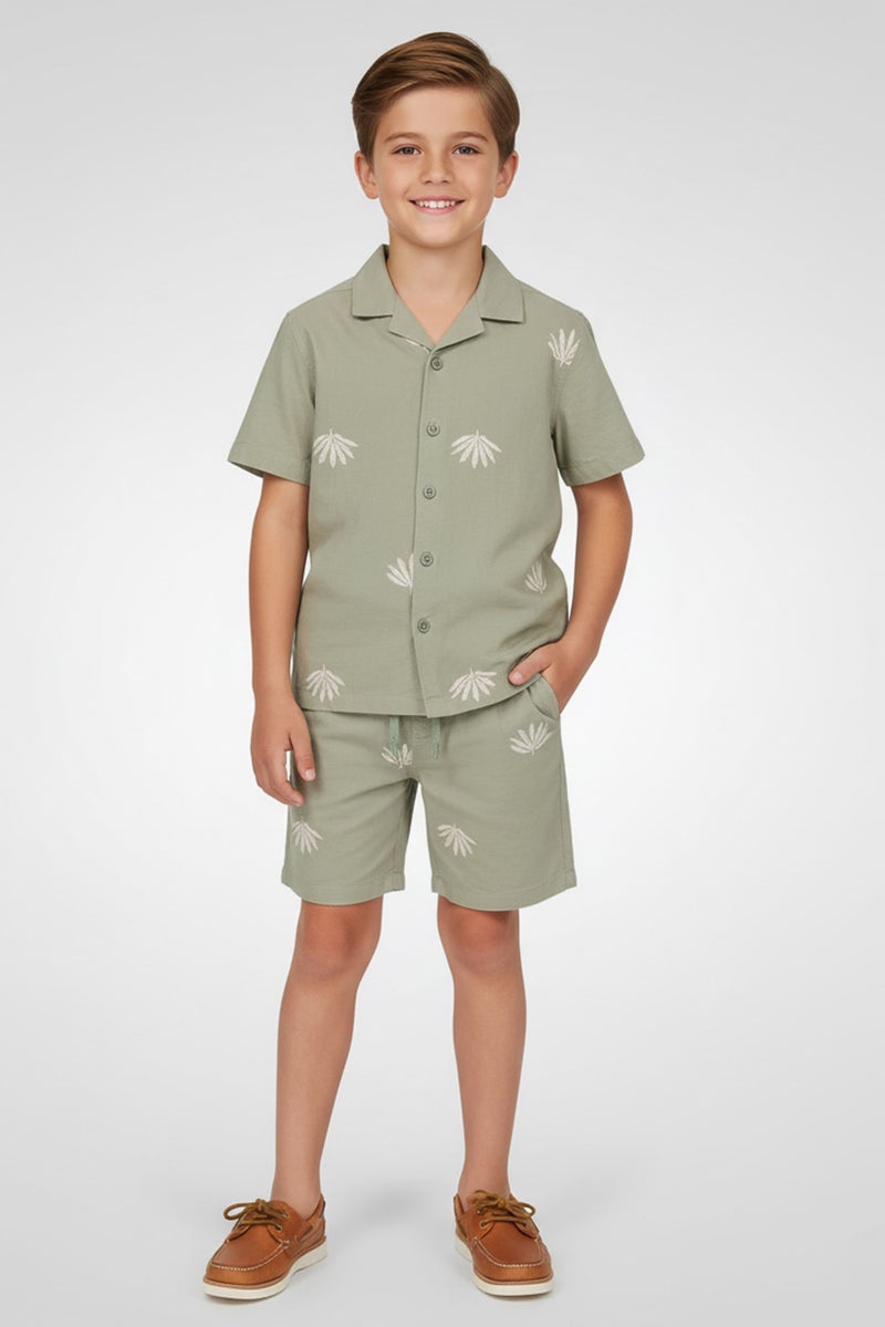 Ocean Pacific Kids Boy 2 Pcs Embroidered Shirt And Shorts Set, Sage - Image 1