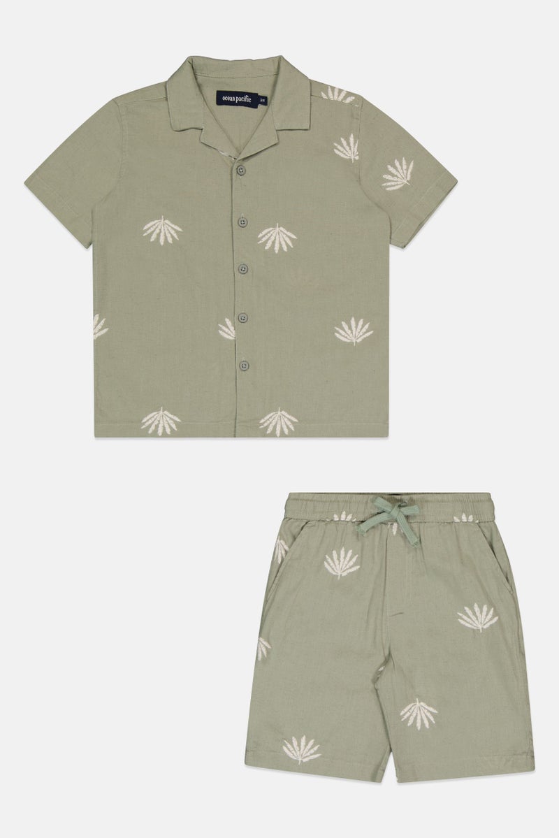 Ocean Pacific Kids Boy 2 Pcs Embroidered Shirt And Shorts Set, Sage - Image 3
