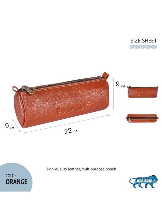 TRAVALATE Genuine Leather Utility Pouch/Toiletry Kit For Men And Women's -Ykk Zippers Orange, 9Cm - Image 2