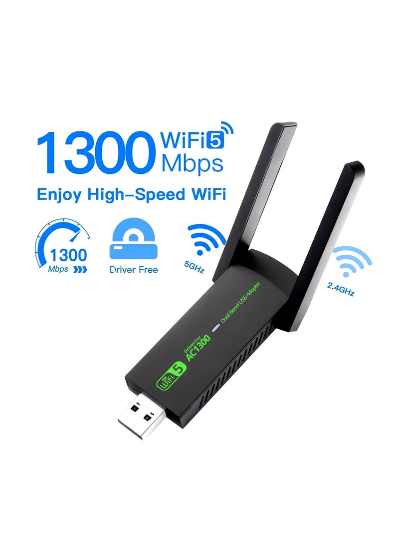 USB WiFi Adapter 1300Mbps Dual Band 5G/2.4G,5g dongle for PC,Wireless Network External Receiver,Dual 5dBi Wifi Dongle for Desktop Laptop PC - Image 1