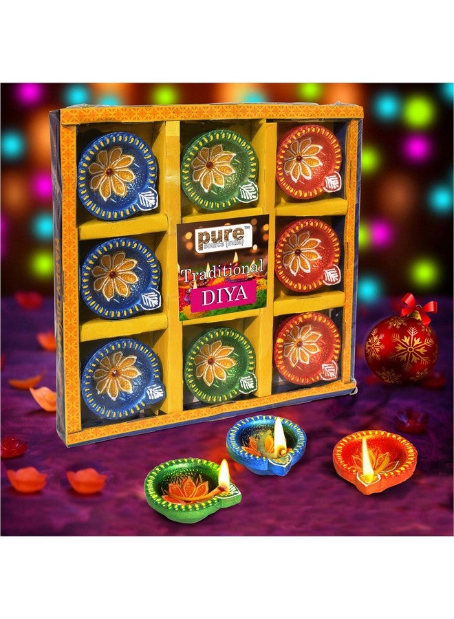 Pure Source India Terracotta Handmade Design Decorative Diya/ Mitti Diya/Oil Lamp For Pooja, Diwali, Festival Decoration ( Multicolour) (9 Pcs) (2.5 X 2.1 X 1 Inch) - Image 2