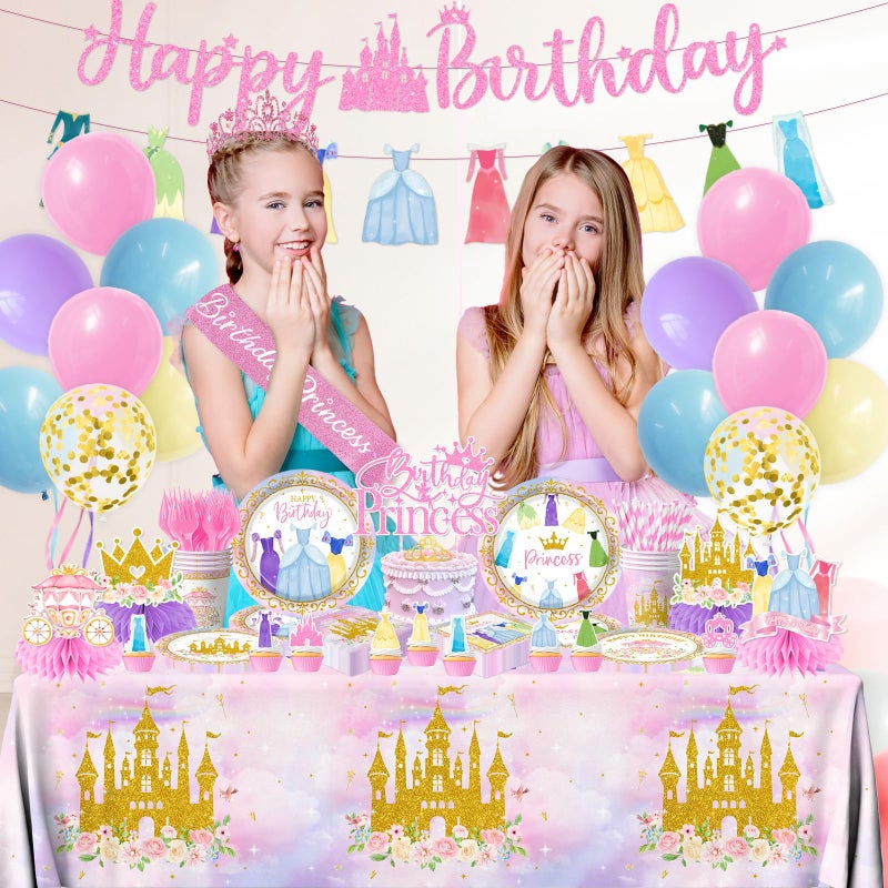 Cextoga Princess Birthday Party Decorations,191pcs Princess Party Decorations Tableware Pink princess Plates and Napkins Cups Tablecloth Banner Hanging Swirls Cake Topper for Girl Birthday Supplies,Serve 24 - Image 2