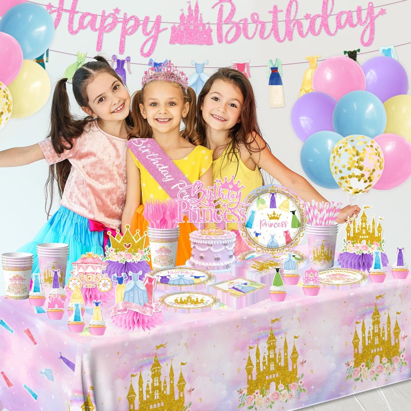 Cextoga Princess Birthday Party Decorations,191pcs Princess Party Decorations Tableware Pink princess Plates and Napkins Cups Tablecloth Banner Hanging Swirls Cake Topper for Girl Birthday Supplies,Serve 24 - Image 3