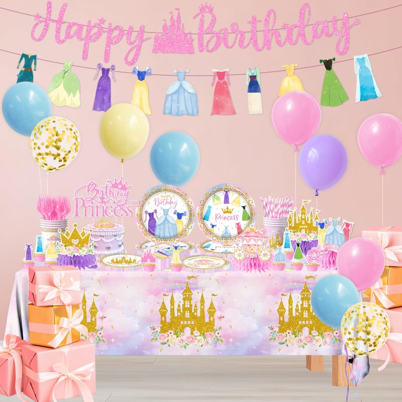 Cextoga Princess Birthday Party Decorations,191pcs Princess Party Decorations Tableware Pink princess Plates and Napkins Cups Tablecloth Banner Hanging Swirls Cake Topper for Girl Birthday Supplies,Serve 24 - Image 4