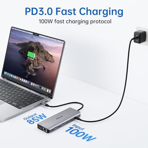 Mokin محطة إرساء لابتوب USB C مع شاشتين مزدوجتين HDMI مزدوجة 4K DP مركز عرض ثلاثي 10G، 13 في 1 MOKiN USB C Hub مع 3 شاشات، Displayport، USB3.1، RJ45، 100W PD، قارئ بطاقات، صوت/ميكروفون، لديل HP لينوفو - Image 5
