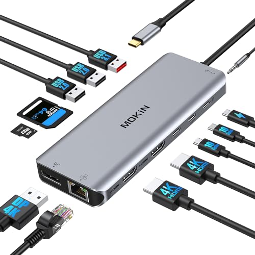 Mokin محطة إرساء لابتوب USB C مع شاشتين مزدوجتين HDMI مزدوجة 4K DP مركز عرض ثلاثي 10G، 13 في 1 MOKiN USB C Hub مع 3 شاشات، Displayport، USB3.1، RJ45، 100W PD، قارئ بطاقات، صوت/ميكروفون، لديل HP لينوفو - Image 1