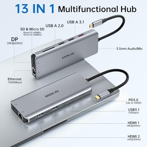 Mokin محطة إرساء لابتوب USB C مع شاشتين مزدوجتين HDMI مزدوجة 4K DP مركز عرض ثلاثي 10G، 13 في 1 MOKiN USB C Hub مع 3 شاشات، Displayport، USB3.1، RJ45، 100W PD، قارئ بطاقات، صوت/ميكروفون، لديل HP لينوفو - Image 2