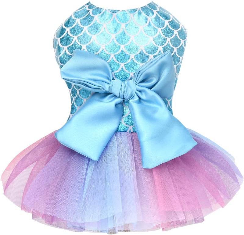 KUTKUT Small Breed Dog Birthday Dress, Mermaid Print Spring Clothes For Small Dogs Girl Puppy Princess Tutu Cute Dog Tulle Dresses Pet Party Costumes Cat Apparel (Size: 2Xl, Chest: 55Cm) - Blue - Image 2