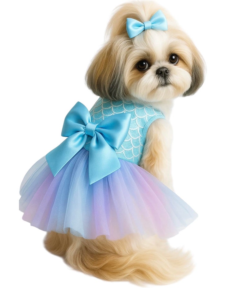 KUTKUT Small Breed Dog Birthday Dress, Mermaid Print Spring Clothes For Small Dogs Girl Puppy Princess Tutu Cute Dog Tulle Dresses Pet Party Costumes Cat Apparel (Size: 2Xl, Chest: 55Cm) - Blue - Image 1