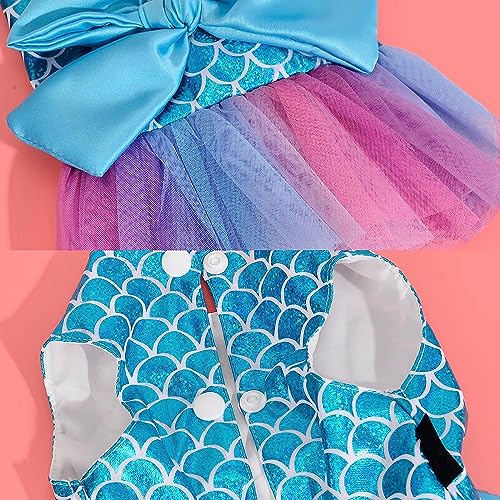 KUTKUT Small Breed Dog Birthday Dress, Mermaid Print Spring Clothes For Small Dogs Girl Puppy Princess Tutu Cute Dog Tulle Dresses Pet Party Costumes Cat Apparel (Size: 2Xl, Chest: 55Cm) - Blue - Image 3