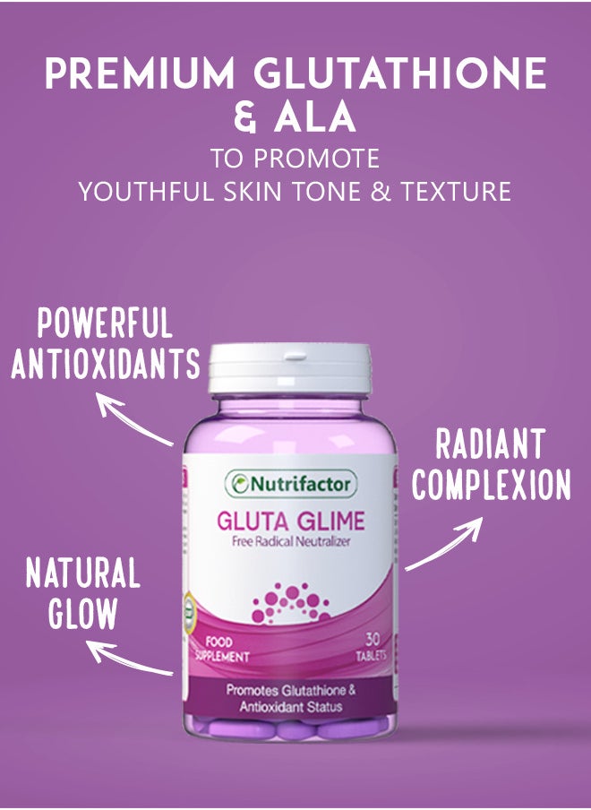 Nutrifactor - Gluta Glime Tablets Advanced Anti Aging L-Glutathione, Vitamin C, E and ALA Supplement for Youthful Skin - 30 Tablets - Image 1