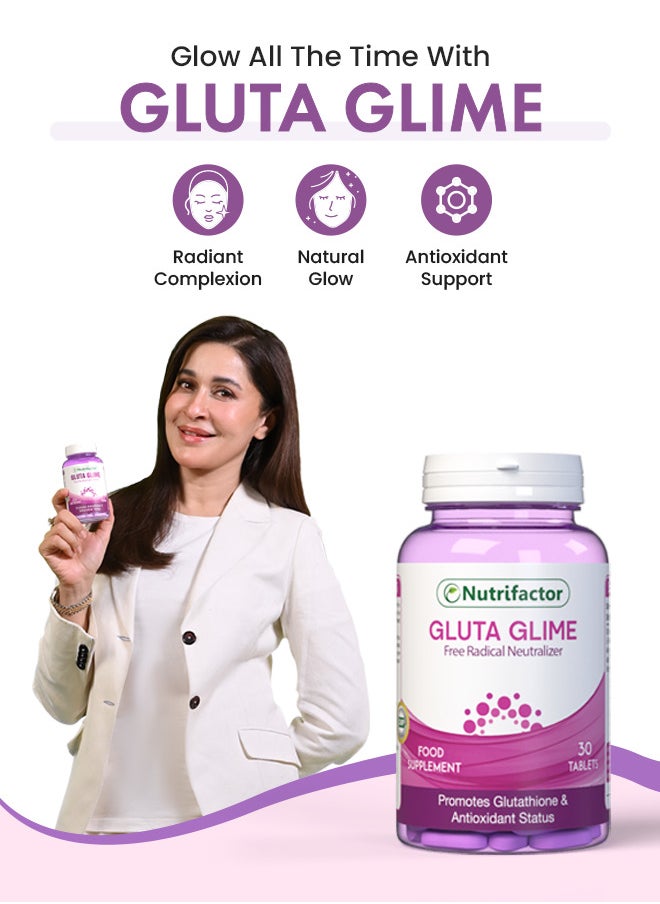 Nutrifactor - Gluta Glime Tablets Advanced Anti Aging L-Glutathione, Vitamin C, E and ALA Supplement for Youthful Skin - 30 Tablets - Image 1