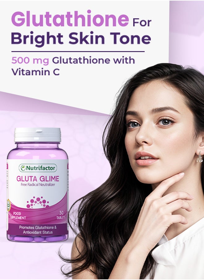 Nutrifactor - Gluta Glime Tablets Advanced Anti Aging L-Glutathione, Vitamin C, E and ALA Supplement for Youthful Skin - 30 Tablets - Image 1