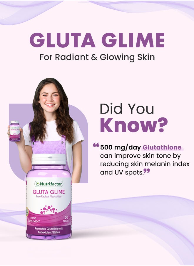 Nutrifactor - Gluta Glime Tablets Advanced Anti Aging L-Glutathione, Vitamin C, E and ALA Supplement for Youthful Skin - 30 Tablets - Image 1