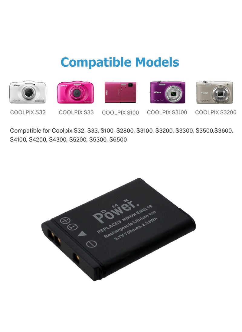DMK Power 2 x EN-EL19 700mAh Camera Battery with TC600C Battery Charger Compatible with Nikon Coolpix S2500/ S3100/ S4100/ 3200 Etc Cameras