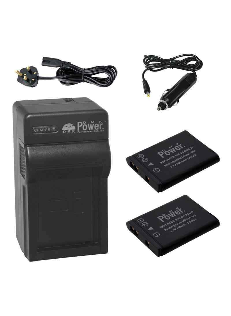 DMK Power 2 x EN-EL19 700mAh Camera Battery with TC600C Battery Charger Compatible with Nikon Coolpix S2500/ S3100/ S4100/ 3200 Etc Cameras