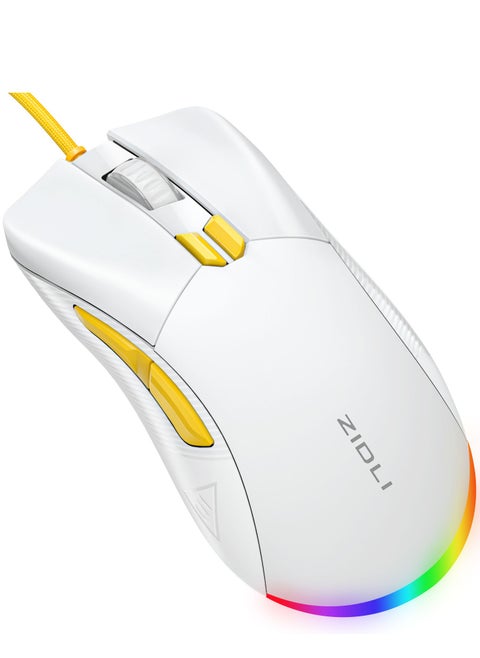 ماوس الألعاب M85 RGB - مستشعر بصري 16000 نقطة في البوصة - معدل استقصاء 1000 هرتز - كابل باراكورد - خفيف الوزن 68 جيجا (أبيض أصفر)