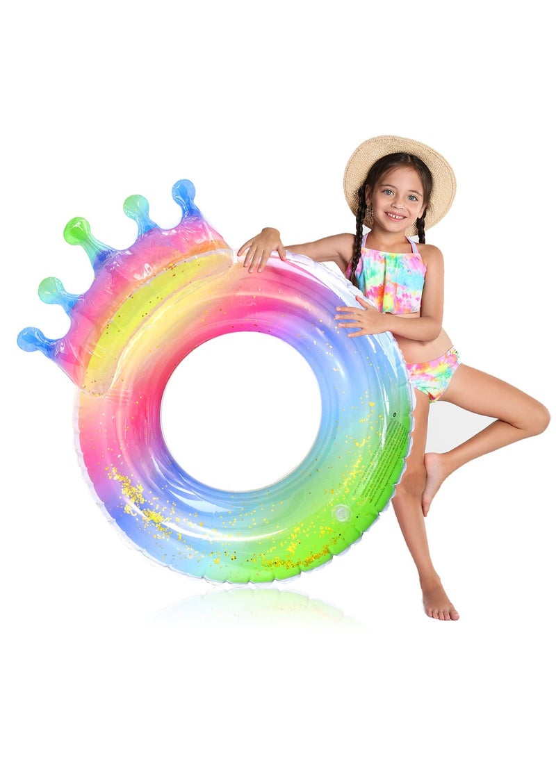 SOLARAE Swimming Ring for Kids Aged 4-8 Years, Pool Inflatable Float with Sequin, Colorful Crown Pool Party Inflatable Float for Children, Durable Summer Pool Swimming Ring - Image 1