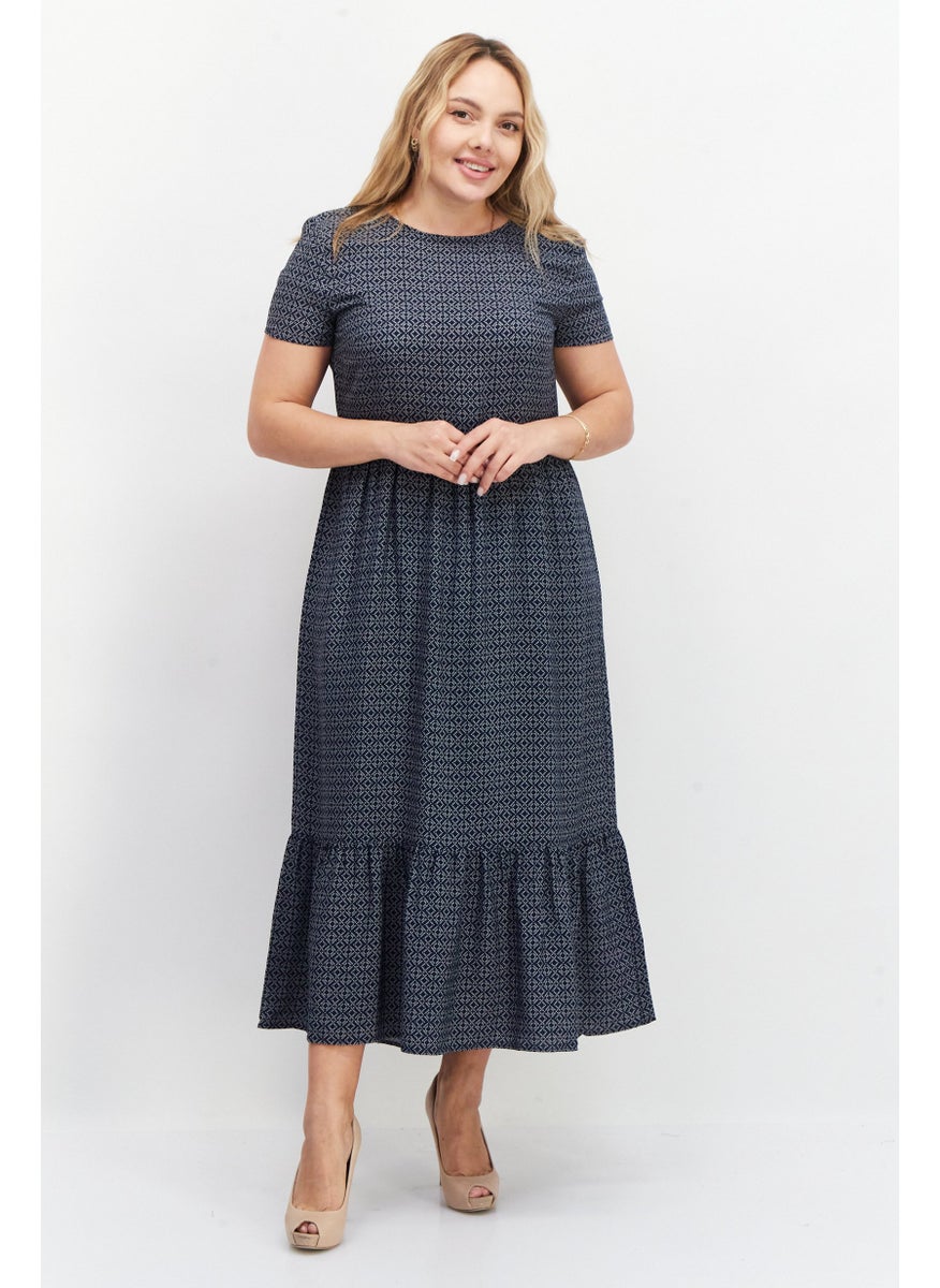 Zero Women Allover Print Maxi Casual Dress, Navy Blue  - Image 1