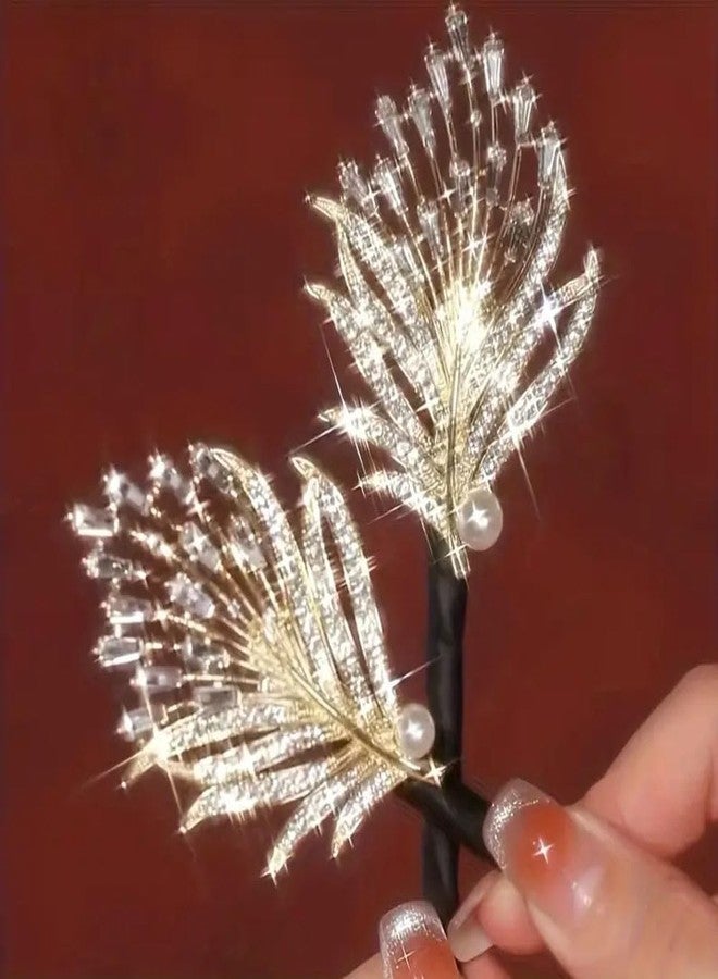 Ashkash 2PCS Elegant Golden Feather Hair Bun Maker - Glitter Diamond & Blue Rhinestone Hair Accessories - Easy Bun Styling Tool for Women, Exquisite Manual Curling Tool for Normal Hair - Image 5