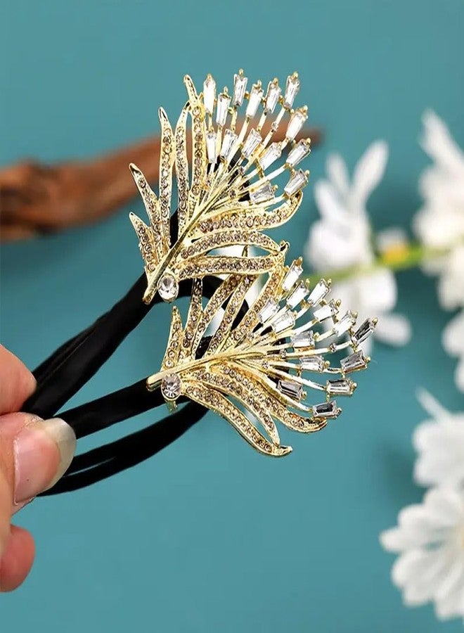 Ashkash 2PCS Elegant Golden Feather Hair Bun Maker - Glitter Diamond & Blue Rhinestone Hair Accessories - Easy Bun Styling Tool for Women, Exquisite Manual Curling Tool for Normal Hair - Image 3