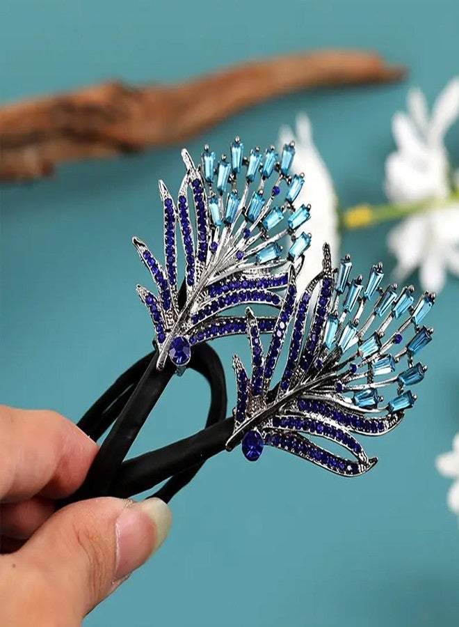 Ashkash 2PCS Elegant Golden Feather Hair Bun Maker - Glitter Diamond & Blue Rhinestone Hair Accessories - Easy Bun Styling Tool for Women, Exquisite Manual Curling Tool for Normal Hair - Image 2