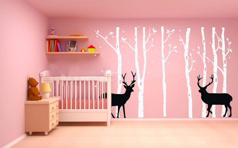 LUCKKYY Birch Tree Deer Wall Decal Nursery Forest Removable Birch Trees Vinyl Sticker for Kids Bedroom Decor Nursery Bedroom (White) - Image 2