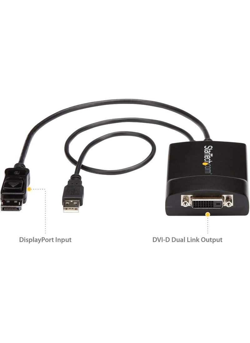 Startech.com StarTech.com DisplayPort to DVI Dual Link Active Adapter - DisplayPort to DVI-D Adapter Video Converter 2560x1600 60Hz - DP 1.2 to DVI Monitor - USB Powered - Latching DP Connector (DP2DVID2)  - Image 2