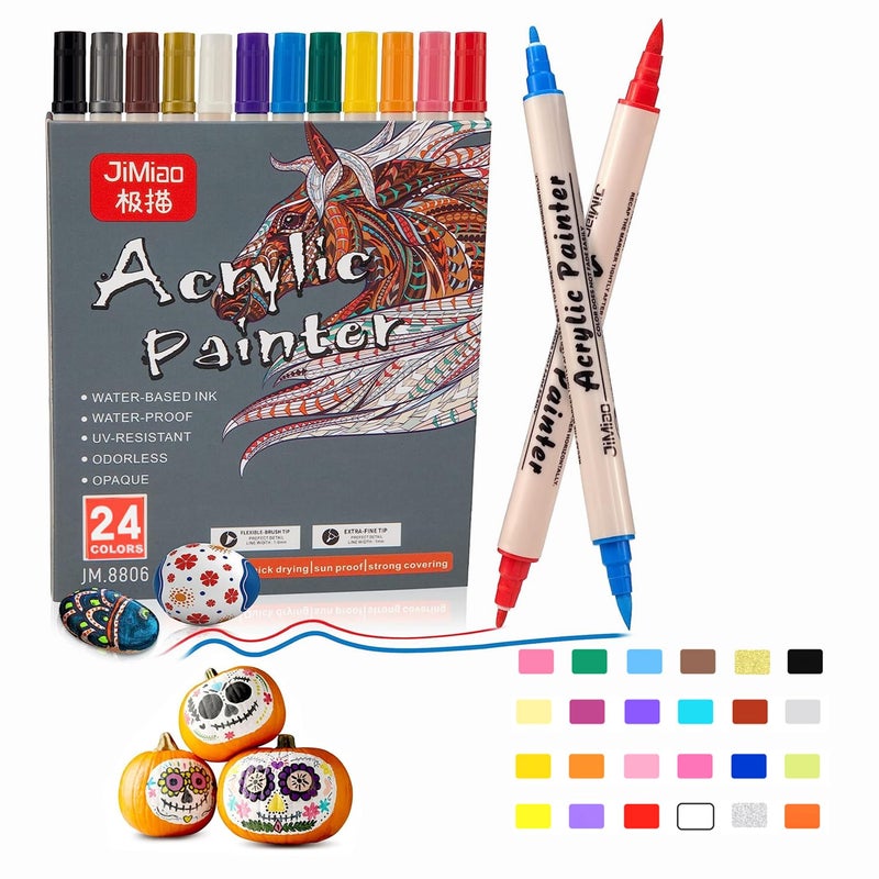 Acrylic Paint Pens 24 Colors,Brush and Fine Tips Acrylic Markers Kit for Rock Wood Glass Stone Pebble Ceramic Craft Painting,Water Based Paint Art Pens for Graffiti Kids Gift Easter Egg Pumpkin