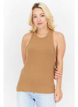Women Jewel Neck Sleeveless Ribbed Tank Top, Brown
