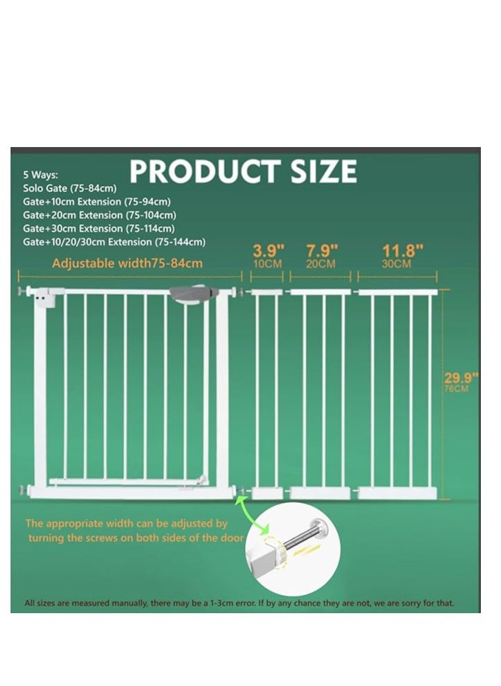 Generic Auto Close Safety Baby Gate, Extra Wide Child Fence Gate 75-84cm + 3pcs Extension Kit Maximum Suitable For 144cm, Baby Fence Dog Gate for Stairs and Doorways, Easy Install (Gate + 10cm+20cm+30cm Extension Kit)  - Image 2