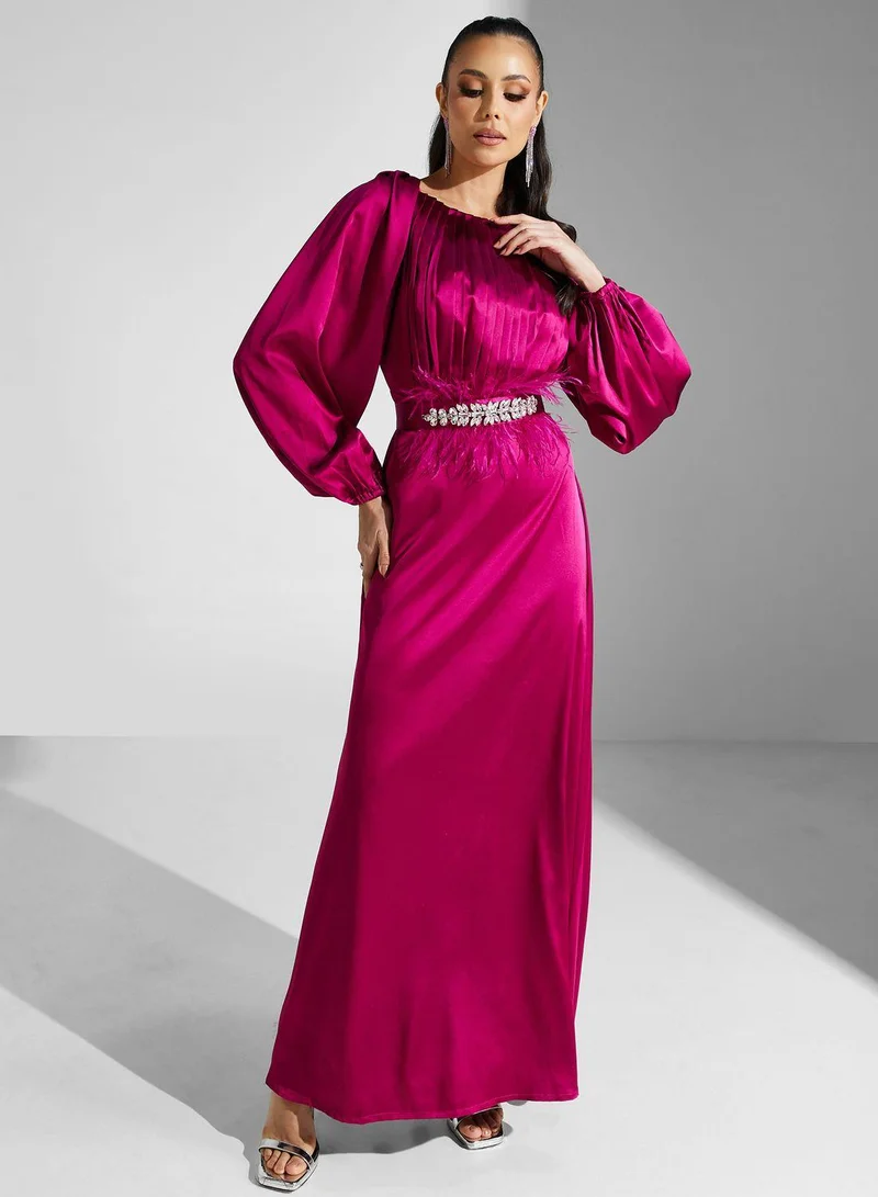 Golden Apple Embellished Belt Puff Sleeve Dress
