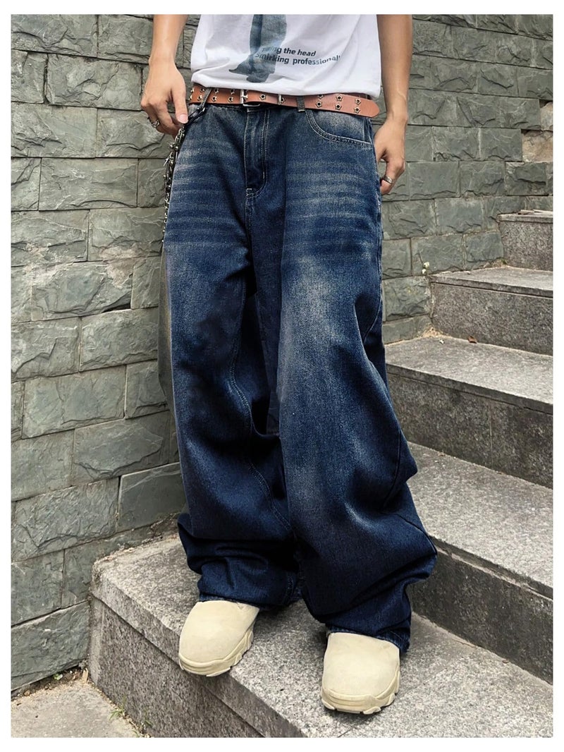 SHENHE Men's Wide Leg Jeans Vintage Baggy Jeans Casual Loose Fit Denim Pants with Pockets Blue B Large - Image 4