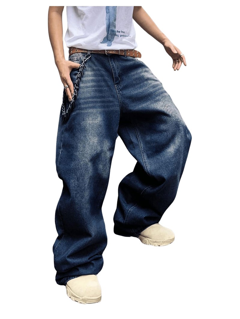 SHENHE Men's Wide Leg Jeans Vintage Baggy Jeans Casual Loose Fit Denim Pants with Pockets Blue B Large - Image 1